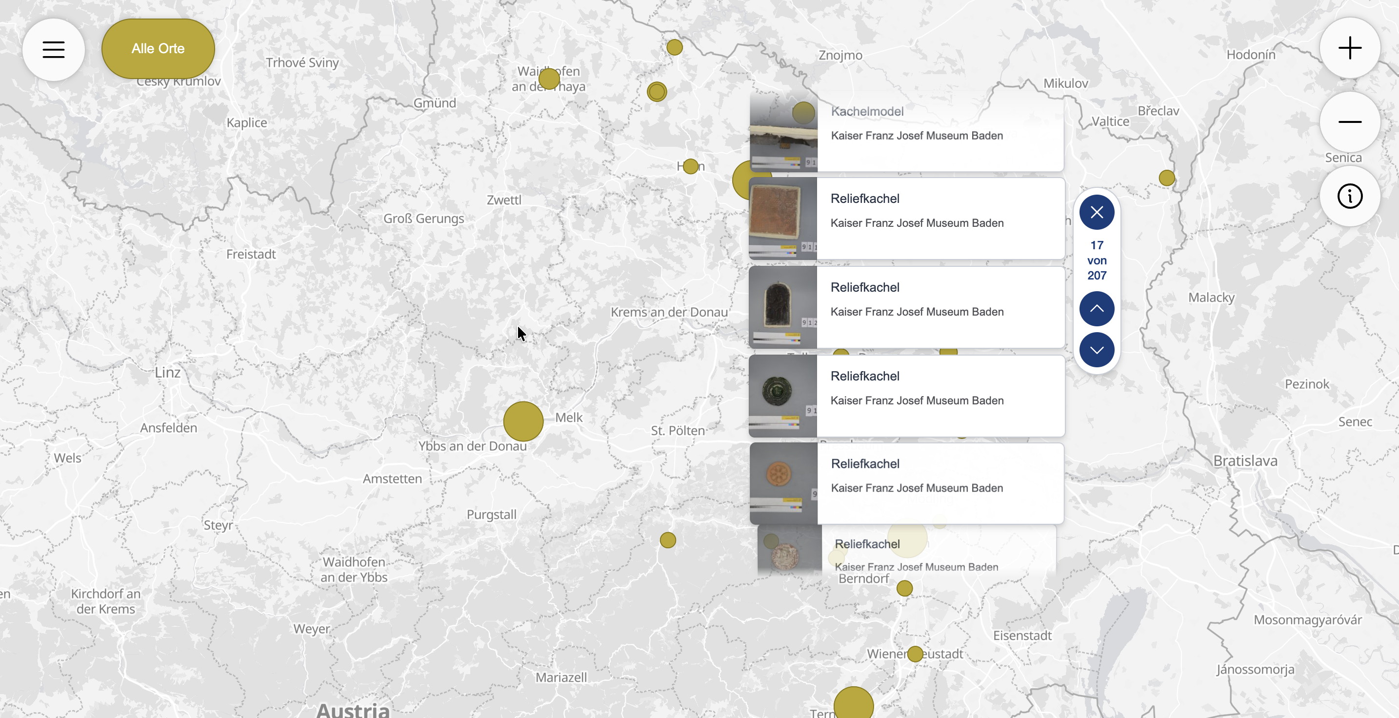 Map with a "list popup" overlay for scrolling through items at the selected place