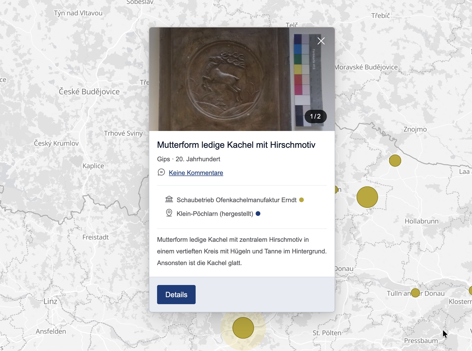 Map with item details popup overlay